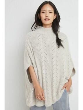 Akemi + Kin Pointelle Oversized Mock Neck Poncho Sweater One Size Ivory Knit